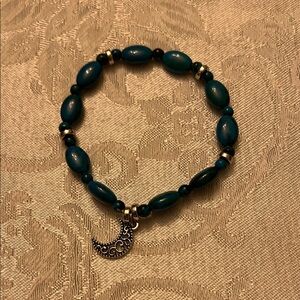 Hand Crafted Blue Beaded Bracelet with Silver Moon Charm